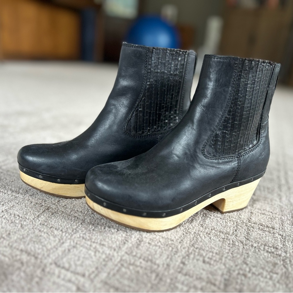 Frye Black Odessa Ankle Wooden Platform Boots